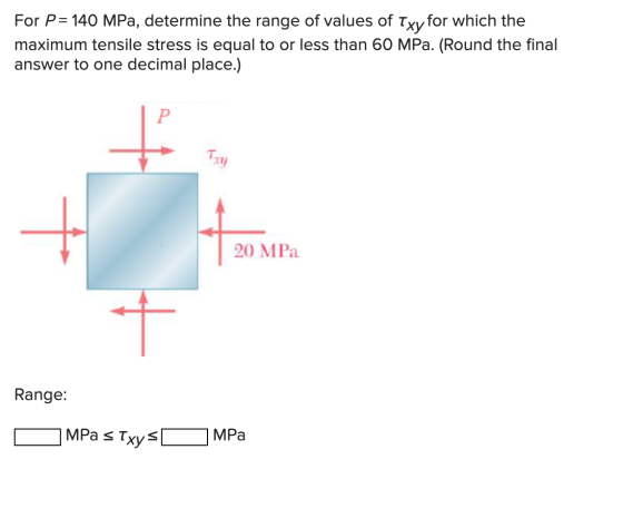 For P= 140 MPa, determine the range of values of Txy for which the maximum tensile stress is equal to or less than 60 MPa. (R