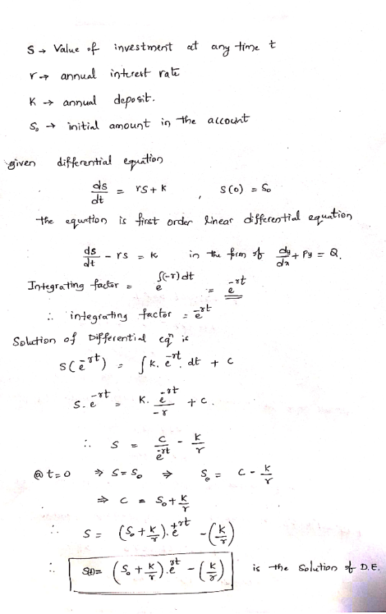 t any time t SValue of investment annual intrest rat annual deposit. initial amount in the acount S differential eptio given