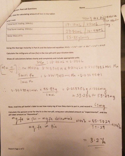 Name atien: Post Lab Questions Data for calculating amount of iron in the tablet MEnhe diferene in read janly 1 run) initial