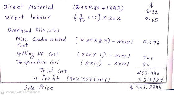 Direct Material Direct labour (2-4 x 0.80 +1 X03) (7. *10) x130% $ 2-22 0.65 Over head Allocated Misc. Candle related 0.24x 2