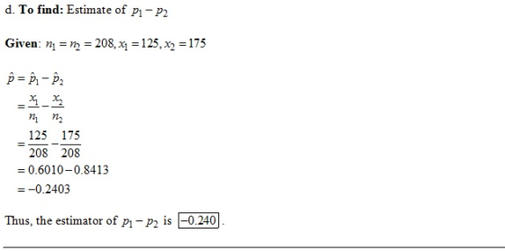 d. To find: Estimate of p -p Given: n -208, xi -125, x2 -175 i n 125 175 208 208 0.6010-0.8413 -0.2403 Thus, the estimator of