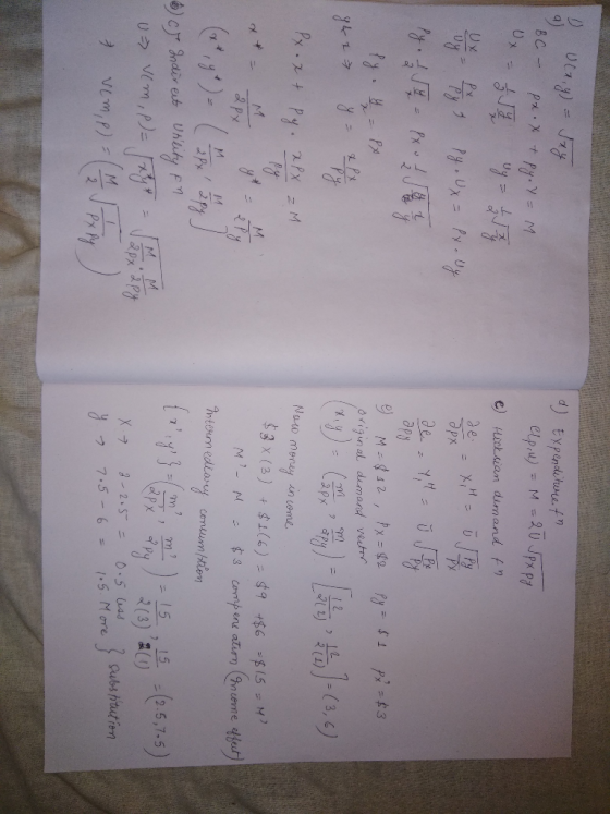 a Expenditure f elpu) = M = 20 Jpx py e Hickran demand fn a Uca,y) = say BC - Px. X + Py. Y = M. 0 - 3 1 7 ug = 1 Kg u P Py.