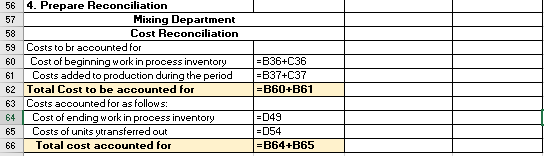 56 4. Prepare Reconciliation 57 Mixing Department 58 Cost Reconciliation 59 Costs to br accounted for 60 Cost of beginning wo