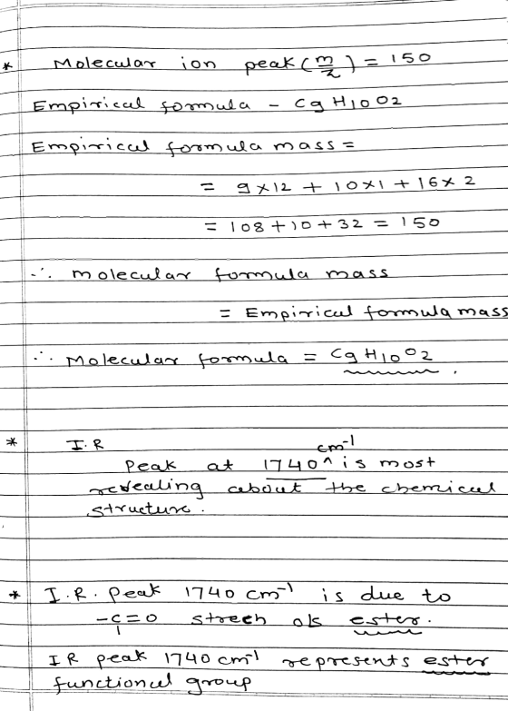 Molecular ion peak (m ) = 150 Empiricel fomula -cg H 002 Empiriccel formula mass= = 9x12 + 1oxi+ 16x 2 - 108+10+32 = 150 - mo