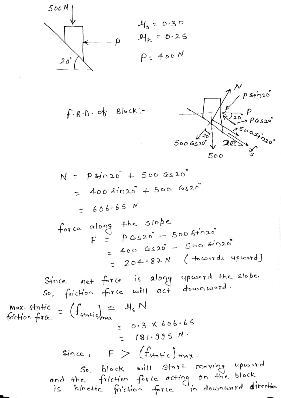 500 N Ms 0.30 р K = 0.25 20° P = 400 N N psino f. B.D. of Blockin P Pos20° 50081220 20 500 GS 20° 20 500 fs N = P sn 20% + 5