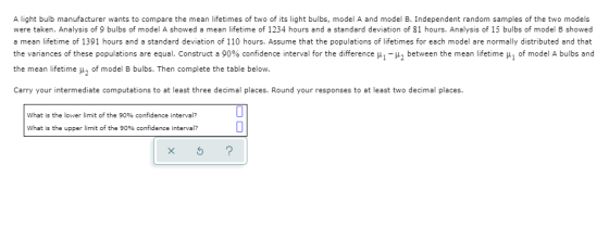 light bulb manufacturer wants to compare the mean lifetimes of two of its light bulbs, model A and model B. Independent rando