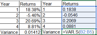 Year Returns Year Returns 1 18.38% 1 10.1838 2 -5.46% 2 -0.0546 3 20.69% 3 0.2069 4 8 .81% 4 10.0881 Variance 0.01412 Varianc