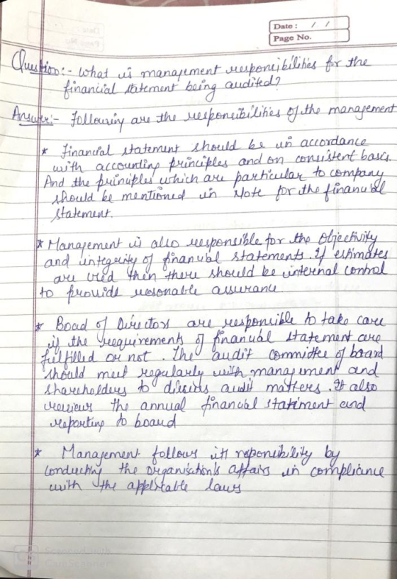Date : Page No. pon- What di manajement Gesponsibilities for the financial statement being auditeel? Anywheese Followrey are