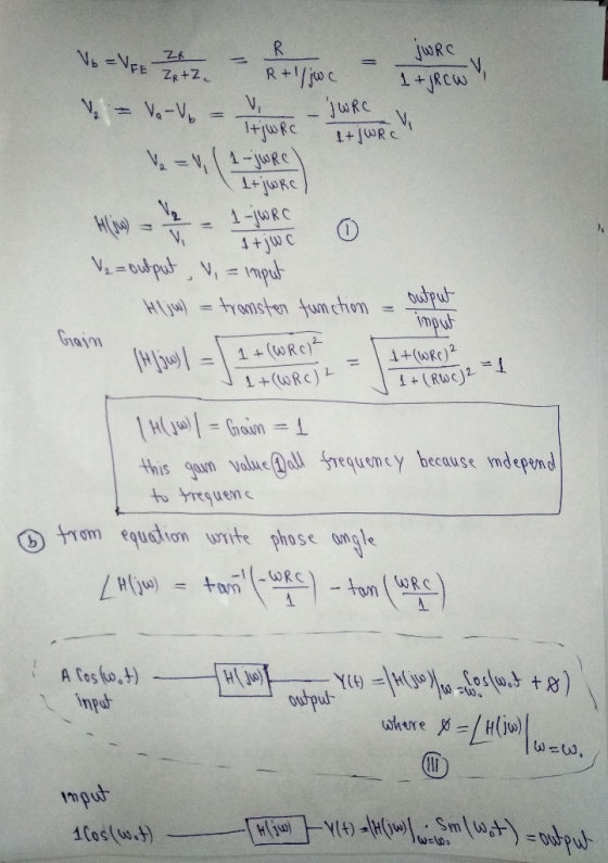 het V-V-7 - Pyjoe = Vo - Vo = 14 l RC - WRC Ve=V(jakso Hlin) 12 = 1-jWRC 1 1+jwc imput Gain 1 + (WRC) ² 1+(WRC)2 V₂ = output