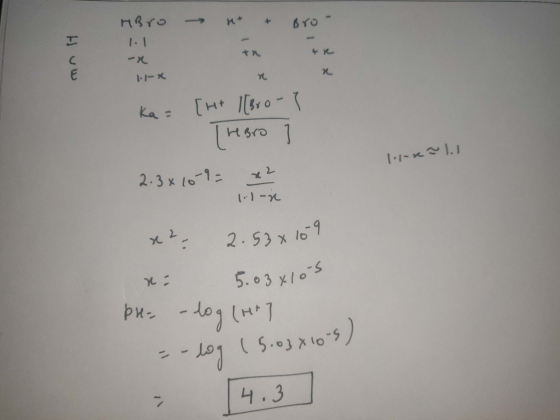 R&ro - + Huw + * bxo- * ka = [H + [bro- rebro T.indu 2.3x10 9 = x2 -R x² 2.53x109 ni 5.03x105 per - log (H17 = -log (5.03X10-