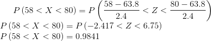 P\left ( 58<X<80 \right )=P\left ( \frac{58-63.8}{2.4}<Z<\frac{80-63.8}{2.4} \right )\\ P\left ( 58<X<80 \right )=P\left ( -2.417<Z<6.75 \right )\\ P\left ( 58<X<80 \right )=0.9841