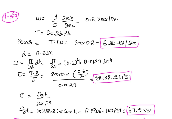 5 sec asawa seva 0.2 rer/sec T= 30 Ibift Power - T.COs 30x0.2 = 6 lb-fel sec d= 0.6in J= 11 e dua ex (0.64 0.0127 inu t= TR 3