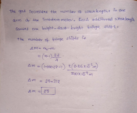 The gas increases the number of wavelengths in one arm it the intertevo meter. Each additional wavelength Causes one bright-d