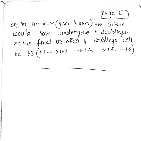 page-2 So, in 24 hours ( 8 am to gam) the culture would have undergone 4 doublings. so the final OD after 4 doublings will be