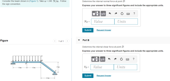 Consider the beam shown in (Figure 1). Take w = 240 N/m. Follow the sign convention. Determine the internal normal force at p