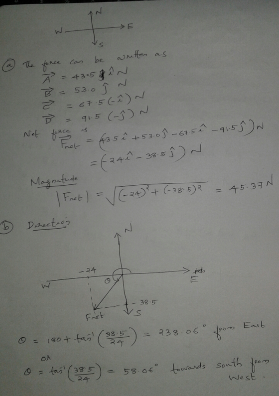 Vs @ Net forces The force can be written as Ř = 43- 58 N B - 53.0 ſ N Z = 67.5 ( î) N B = 91.5 (-}) N Fret = 435ê +53.09 - 67