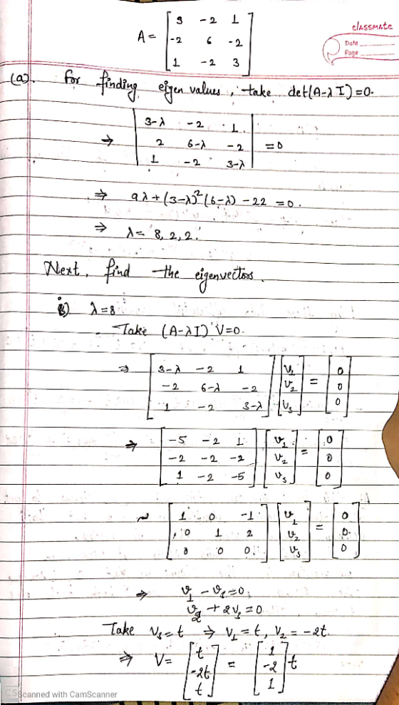 S I classmate A- -2 - 2 Date Page 1 -2 3 LOL for finding egen valus, take.. det(A-2 I)=0. 3-1 -2 : 2 6- - 2 I -2 9.2+(3–15%(6
