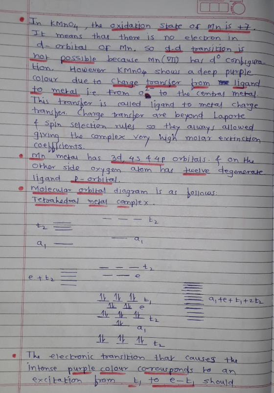 In kMnou the oxidation State of mnis +7 E means that there is no electron in d- orbital or Mn. so d.d transition is not possi