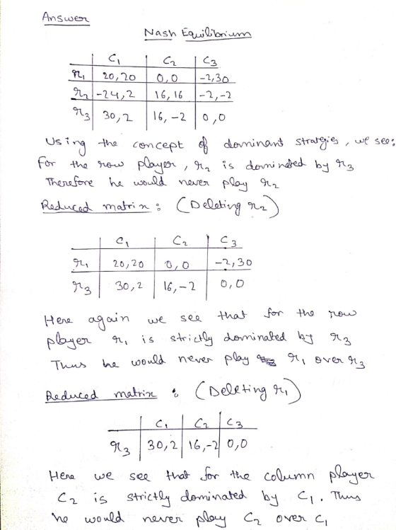 Answer Nash Equilibrium IG I C2 163 92 / 20,20 0,0 -2,30 r -24,2 16, 16 -2,-2 73 30,2 16, -2 10,0 Using the concept of domina