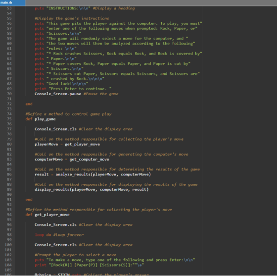 main.rb puts INSTRUCTIONS:\n\n #Display a heading #Display the games instructions puts This game pits the player against