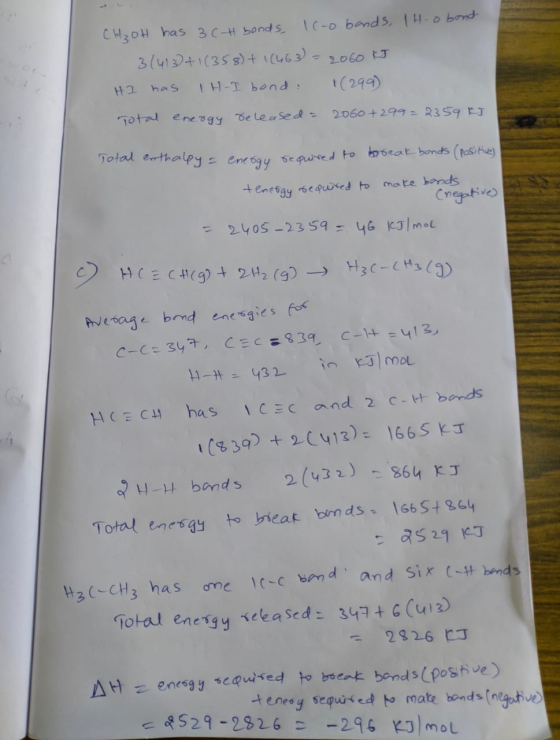 CH₃OH has 3 ch bonds, Ic-o bands, 14.o band 3/413 + 1 (358) + 1 (463) = 2060 kJ HI has 1H-I bond (299) Total energy released