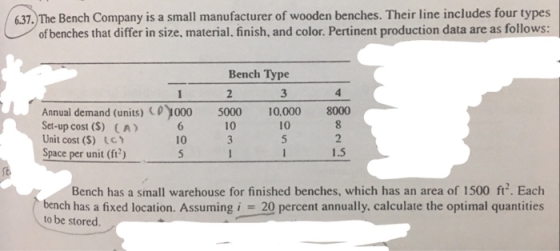 6.37. The Bench Company is a small manufacturer of wooden benches. Their line includes four types of benches that differ in s