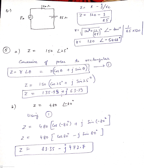 4/2on za R - 9/xc b) 2= 120 - 1 EA 85. 85 2 1262+11 <-tant ㅗ $5X120 85 ro 120 Z-54.68 s a) ZE 150 225° Conversion to of polar