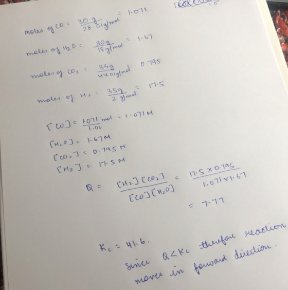 1.071 moles of co= 30g 28. Olg/mol = 1.67 1921 moles of H₂O = 30g 7 0.795 0.195 moles of co2 = 35g 44.0igma moles of H2 = 359
