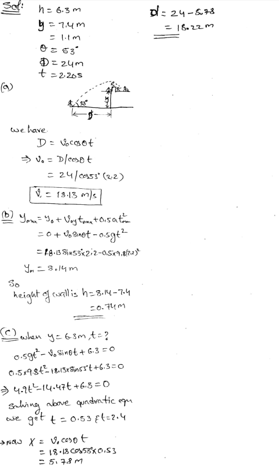 Sel: ol=24-6.78 1. = 18.22m h=6. 3m y = 7.4m 1. = 1.1m O=539 $ = zum t = 2.205 4153 21 we have D = Vocagot Vo=D/easot = 24/24