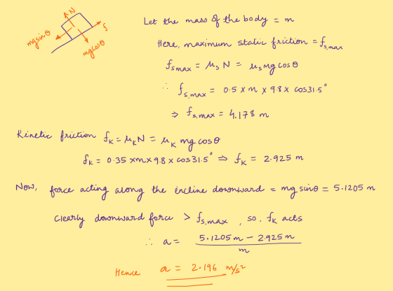 AN = m f masino mgcoso = Ms N= coso Let the mass of the body Here, maximum static friction = Ismax Ismax using Ismax 0.5 xm x