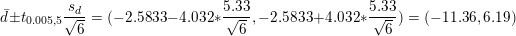 \small \bar{d}\pm t_{0.005,5}\frac{s_d}{\sqrt{6}}=(-2.5833-4.032*\frac{5.33}{\sqrt{6}},-2.5833+4.032*\frac{5.33}{\sqrt{6}})=(-11.36,6.19)