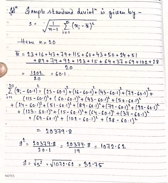 9 Soft Sample stand and deviat is given by - M & (n: - ) 10 S: t= 11 teme n=20 12 a = 23+16+43 +79+15+60+43 +50 + 24 +51 +8