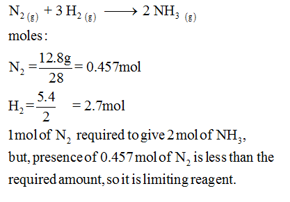 N2 (g) + 3 H2 (g)-> 2 NH moles: 3 (8) 12.88-0.457mol 228 5.4 2 IT. 2.7mol lmolof N2 required to give 2molof NH3, but, presa:n