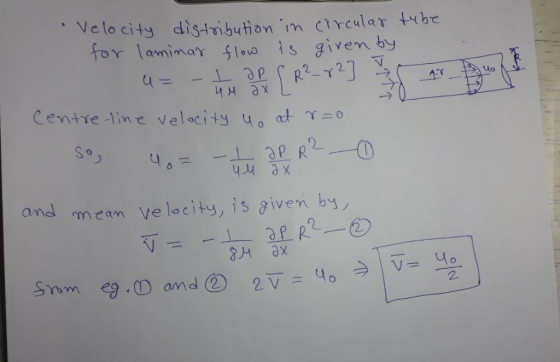 , Velocity dis-Yǐbuhonimc1rcular ty be for laminar lovo s given by uo Centre-line velocity u0 at γ 。 and mean Velocity, ts g