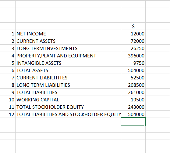 1 NET INCOME 2 CURRENT ASSETS 3 LONG TERM INVESTMENTS 4 PROPERTY,PLANT AND EQUIPMENT 5 INTANGIBLE ASSETS 6 TOTAL ASSETS 7 CUR