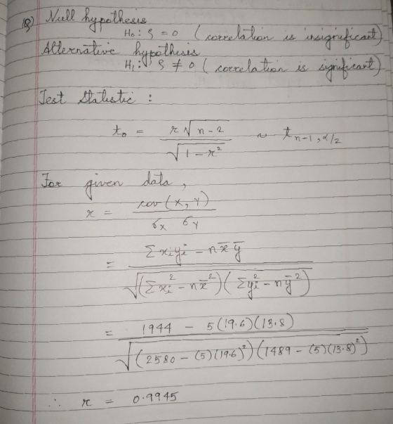 Null hypothesis Hosto ( correlation is insigrificant) Alternative hypothesis Histol correlation is iprificant) Test Statistic