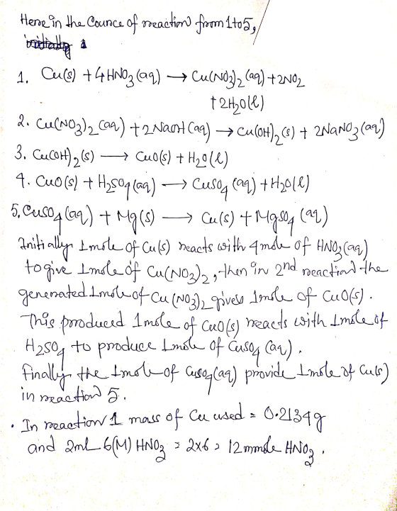Here in the Counce of reaction from 1 ton, brinthiandig 1. Cu(s) + 4HNO3(aq) + Cu(NO3)2(aq) +2NO2 t2H2011) 2. Cu(NO3)2 609) +