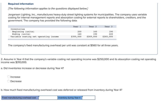 Required information The following information applies to the questions displayed below.) Jorgansen Lighting, Inc., manufactu