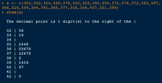 > x <- c(382, 352, 354,360,378, 420, 323, 395, 404,372, 376, 372, 363, 367, 366,326,339, 394,391,368,377,358,354,407,331,399)