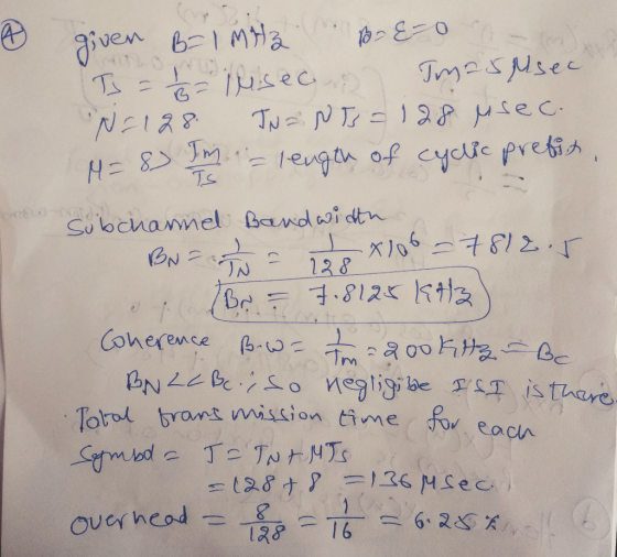 6 given B-1 MH or 8-o- To = 1 / - ilisec & Imassec N=128 Tuin Ts = 128 usec. M = 87 Im = length of cyclic prefit, Subchannel