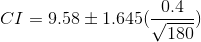 CI = 9.58\pm 1.645(\frac{0.4}{\sqrt{180}})