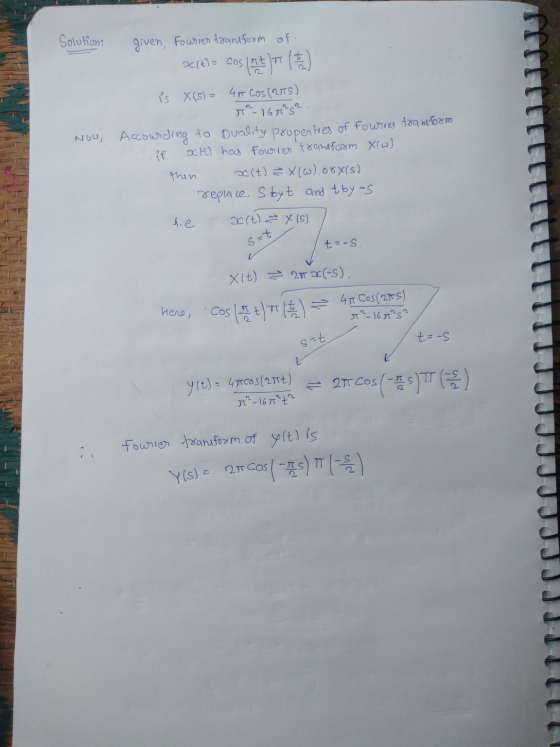 Solutions given, Fourrer transform of Delt) = cos (( is X(S) = 4t Cos (2TS) T²-167²52 Now, Accounding to Duality properties o