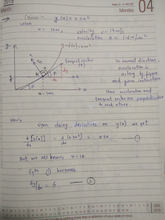201 Nese 10 • 08302 March Week-10 - 063-302 Monday 4 Griven! y(x) = 0.30² when x = som, velocity v= 17m/s acrelaration a = 10
