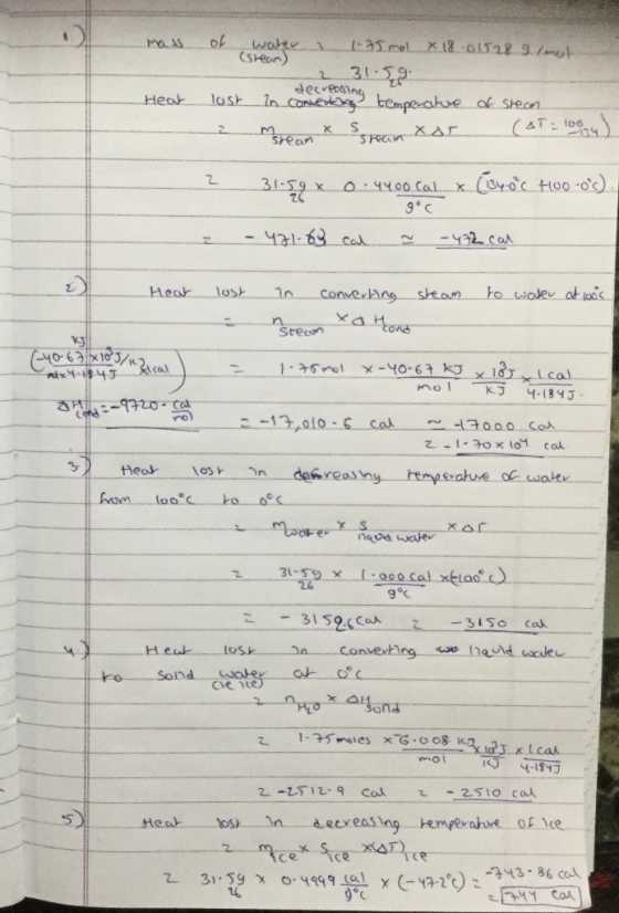 mass of water a 1.75 mol x 18-01528 9.1 mot (steam) 231-59 lost in connecting temperature of stean msream & Ssram xor (&T: 10