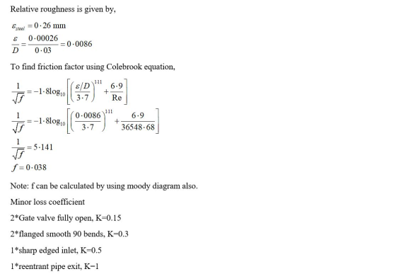 Relative roughness is given by, Esteel = 0.26 mm E 0.00026 = 0.0086 D 0.03 To find friction factor using Colebrook equation,