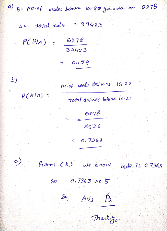 a) B: No. of males bekwee 16-29 year old an 6278 total males 39423 P(BIA) 6278 39423 0.159 b) noi of meile drivers 16-20 PCAI