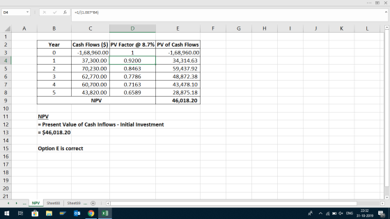 X =1/(1.087 B4) fox D4 C E F G K 1 Cash Flows ($) PV Factor @ 8.7% PV of Cash Flows 2 Year -1,68,960.00 0 -1,68,960.00 37,300