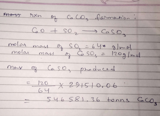 mars rxn on Cacoa formation a Got so Caso molar mass of so = 64 g/mol molar mass of CaSO₃ = 120g/mal max of caso, produced =