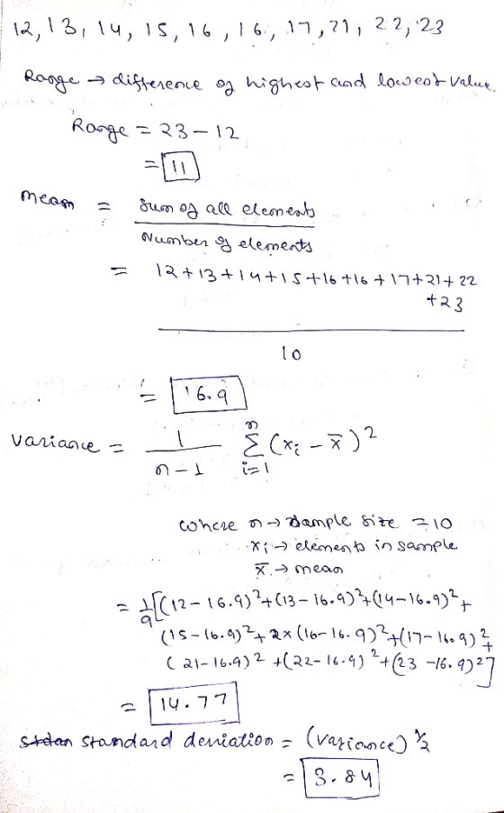 12,13,14,15,16,16,17,21,22,23 . Range as difference of highest and lowest value. por Range =23-12 Room meam = sum of all elem