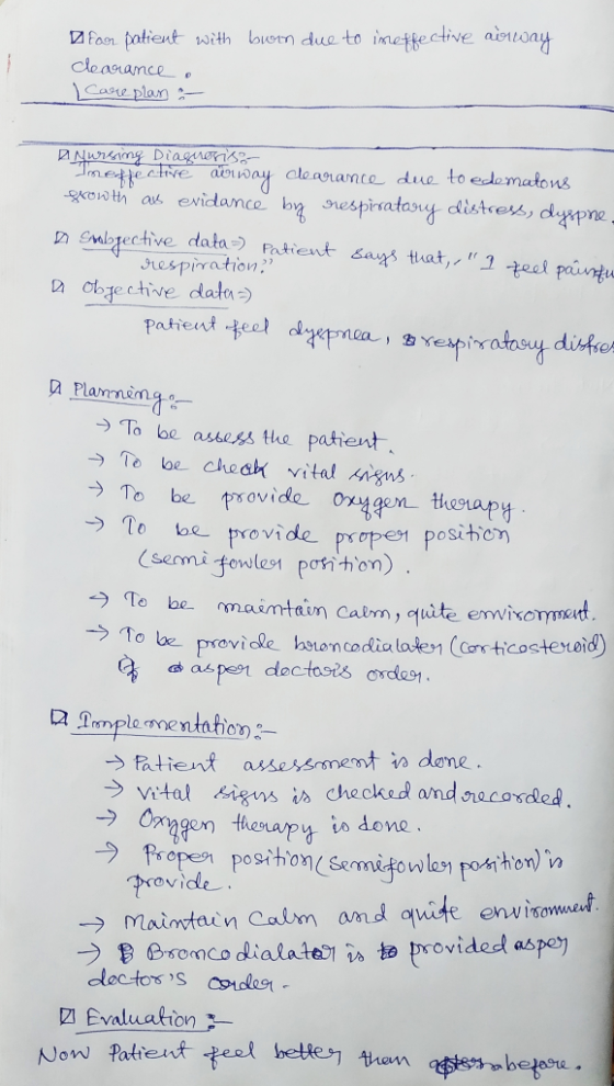 D faor patient with boon due to imeffective airuway dearance . Care plan - A Nursing Diagroris:- Tmetfective dirway clearamce